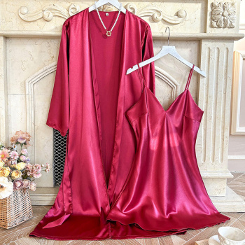 casual non-stretch imitation silk nightgown dress set with belt sleepwear