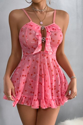 sexy slight stretch mesh cherry printing pearl decor mini dress babydoll & thong