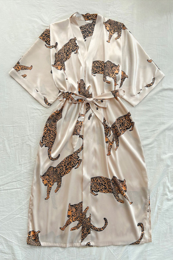 sexy non-stretch imitation silk leopard print short sleeve with belt nightgown