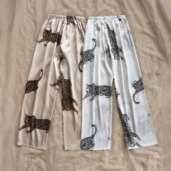 two packs non-stretch leopard print imitation silk straight pants sleepwear