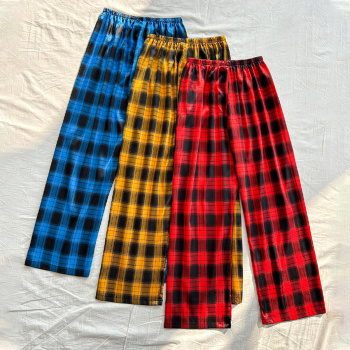 three pack non-stretch plaid print imitation silk straight pants sleepwear