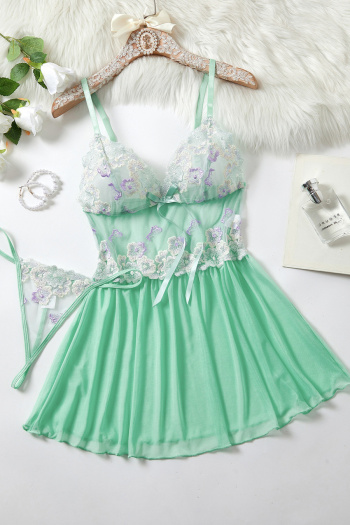 sexy slight stretch mesh embroidery flowers sling babydoll with thong