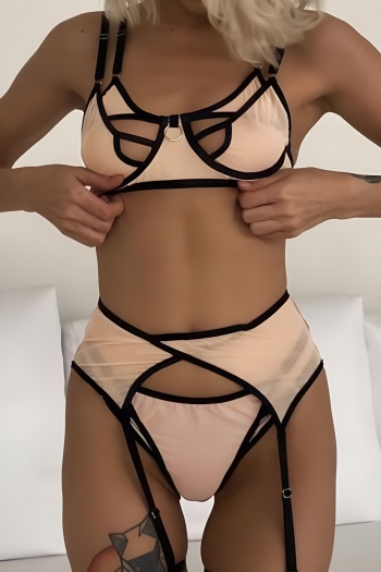 sexy high stretch contrast color sling hollow three-piece set