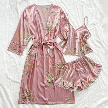 sexy non-stretch printing imitation silk three piece set with belt