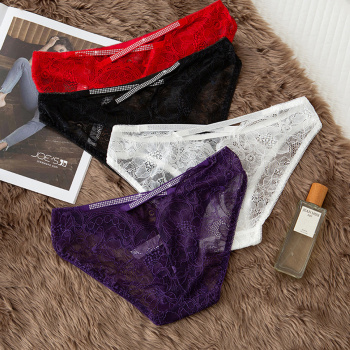 sexy slight stretch see-through lace rhinestone decor panties