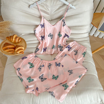 sexy non-stretch imitation silk butterfly print three-piece set sleepwear