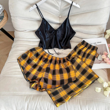 sexy non-stretch imitation silk plaid print three-piece set sleepwear