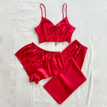 sexy non-stretch thin imitation silk solid color three-piece set sleepwear