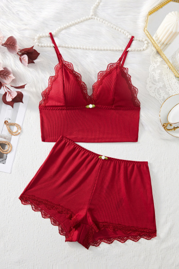 sexy slight stretch lace decor crop top and shorts set sleepwear
