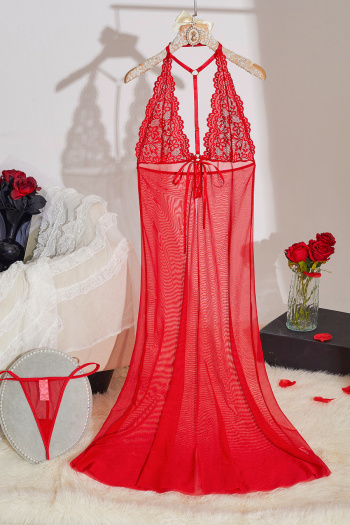 sexy slight stretch see-through mesh lace splicing babydoll with thong