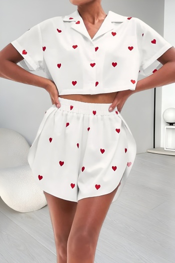 casual non-stretch heart print imitation silk shorts set sleepwear
