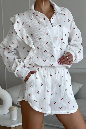 casual non-stretch ruffle decor cherry print cotton shorts set