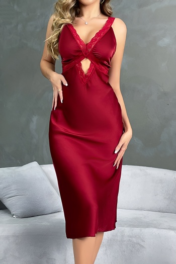 sexy non-stretch imitation silk slim hollow midi dress sleepwear