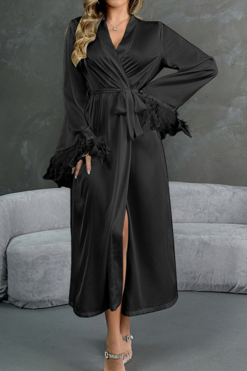 sexy non-stretch hollow backless with belt feather nightgown