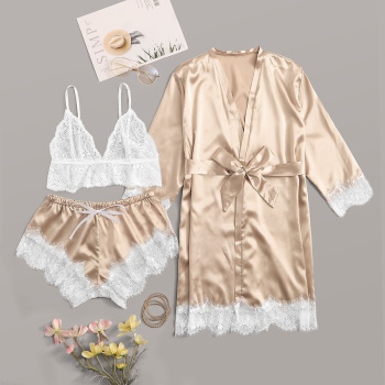 sexy non-stretch imitation silk splicing lace belt three-piece set sleepwear