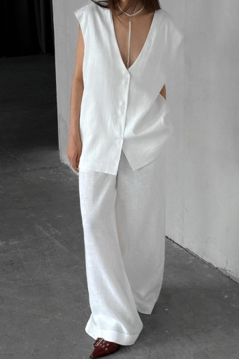 casual non-stretch solid color pure cotton loose v-neck pants set loungewear