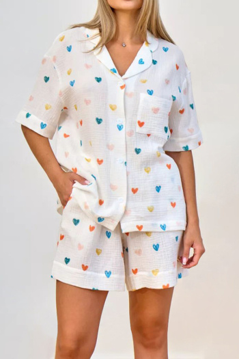 casual non-stretch heart print cotton breathable shorts set loungewear