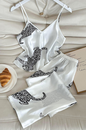 sexy non-stretch leopard print imitation silk sling pants set sleepwear
