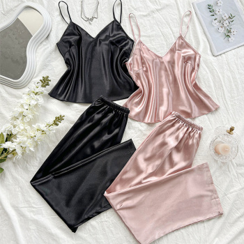 two set non-stretch solid color imitation silk sling pants set sleepwear #1