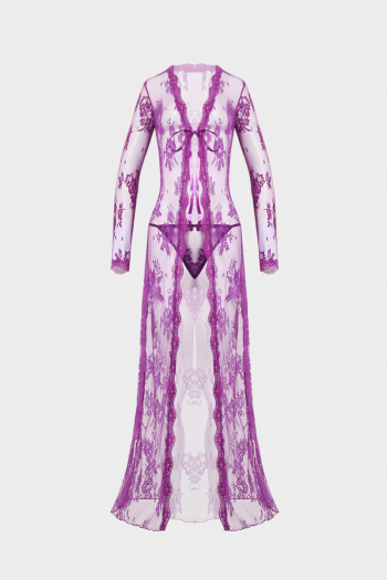 sexy plus size slight stretch solid see-through lace robe with thong sleepwear