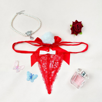 sexy slight stretch see-through lace fluffy ball decor thong