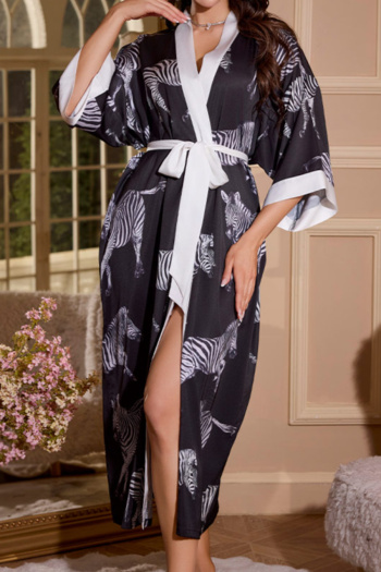 non-stretch imitation silk zebra batch printing with belt nightgown