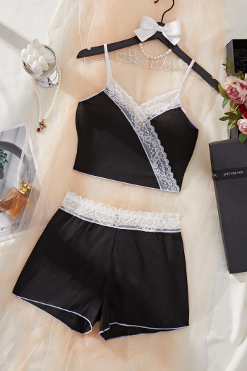 casual slight stretch sling crop vest lace patchwork shorts set sleepwear