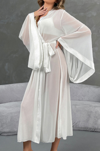 sexy non-stretch see-through mesh with belt bell sleeves robe
