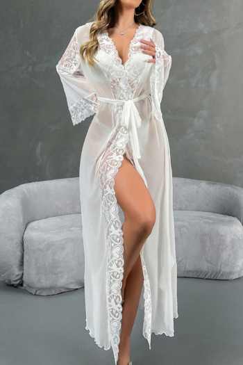 sexy non-stretch see-through mesh and lace hooded robe with belt sleepwear