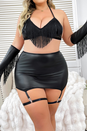 sexy plus size slight stretch tassel three-piece set with gloves and leg ring