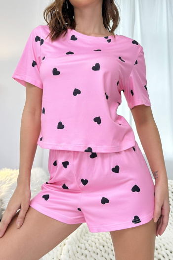 slight stretch heart batch printing crew neck shorts sets