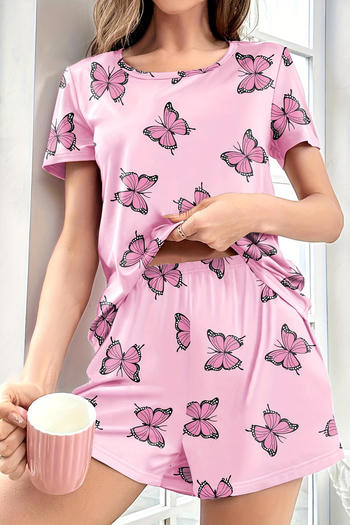slight stretch butterfly batch printing crew neck shorts sets
