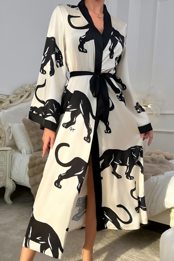 sexy non-stretch satin leopard printing with belt long sleeves  robe sleepwear
