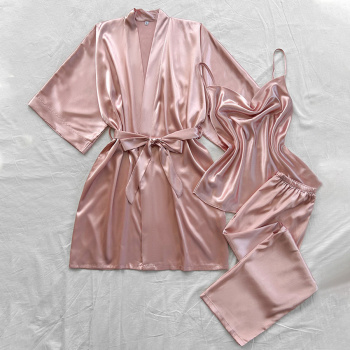 casual non-stretch solid imitation silk three piece set sleepwear with belt