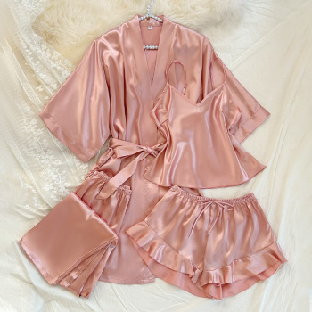 casual non-stretch solid color imitation silk four-piece set sleepwear with belt