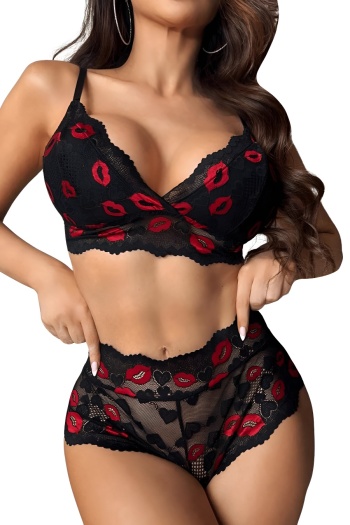 sexy plus size slight stretch see through lace lip embroidery bra & panty set