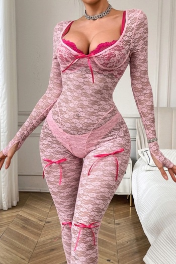 sexy slight stretch lace bow three-piece set teddy collections(with underwire)