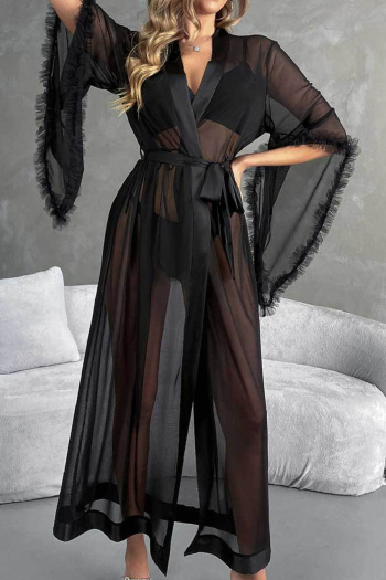 sexy slight stretch see-through mesh nightgown with belt sleepwear