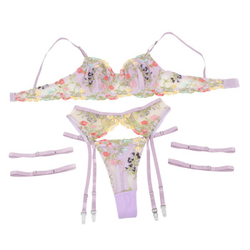 Plus size flower embroidery three-piece set(with underwire&leg rings,asia size)