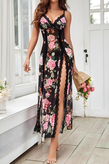 sexy slight stretch see through mesh floral print high slit dress & thong