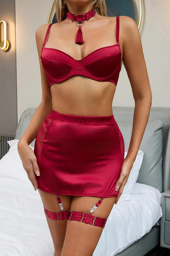 sexy stretch mesh three-piece set with tassel neck ring & underwire & leg ring