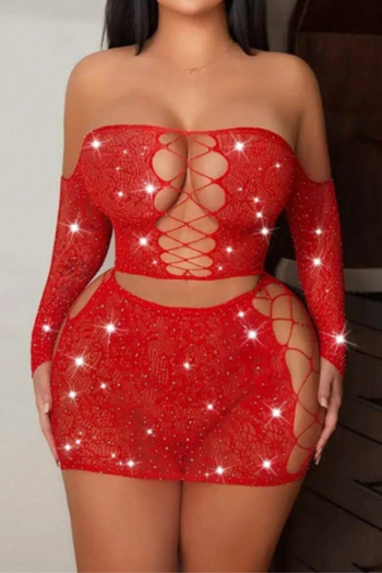 sexy high stretch off shoulder rhinestone decor hollow two-piece set