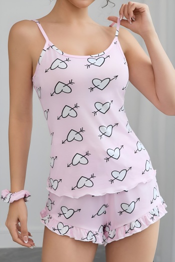 stylish stretch heart print sling vest & shorts set loungewear(with hairband)