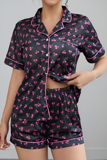 stylish comfortable slight stretch cherry printing two-piece loungewear