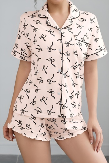 stylish plus size stretch bow printing top & shorts set two-piece loungewear