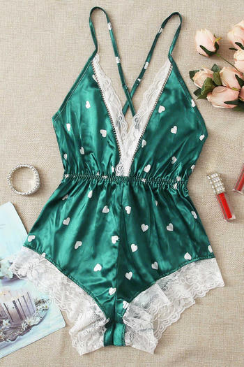 sexy non-stretch satin heart batch printing lace trim sleepwear