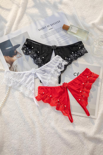 sexy slight stretch pearl decor lace trim thong