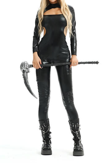 halloween sexy stretch pu jumpsuit with horns sickle cosplay three-piece set