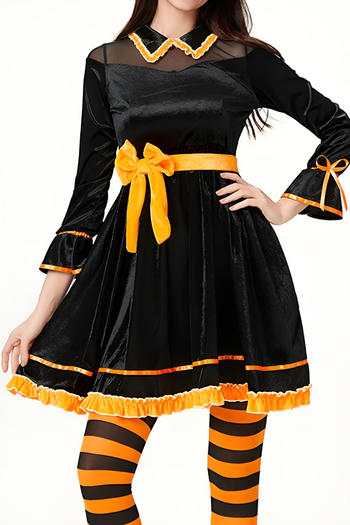 halloween witch cosplay velvet mesh stitching dress with belt & hat
