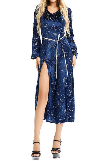 halloween witch cosplay non-stretch v-neck high slit dress with hat & belt